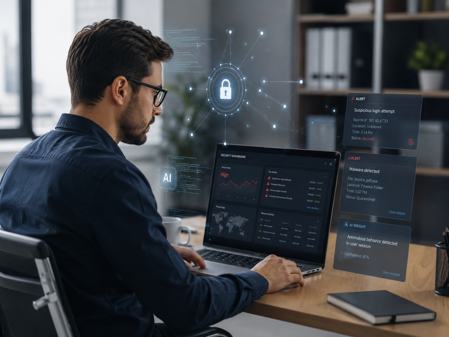 Ciberseguridad e inteligencia artificial protegiendo datos empresariales frente a nuevos riesgos digitales